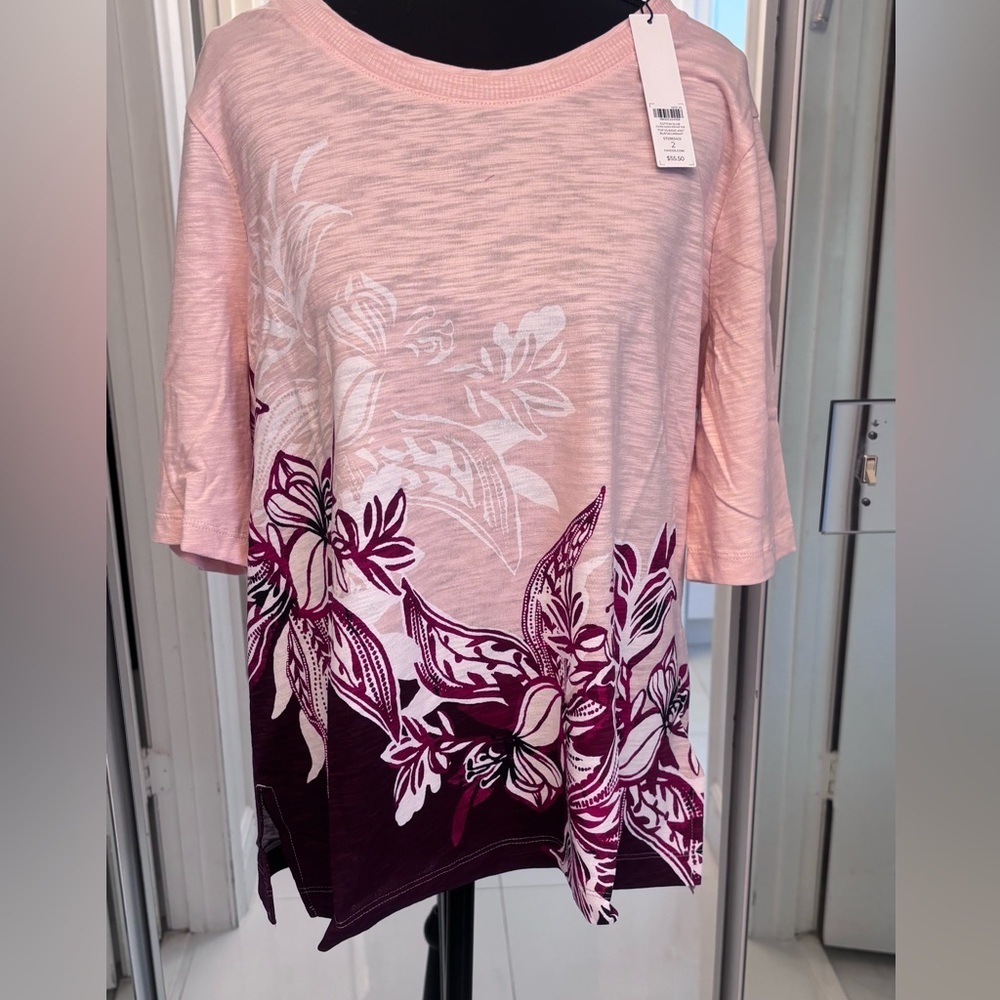 C Chico's Floral Pink Short Sleeve Sub Tee with Crew Neck size Large/12 - Picture 3 of 11